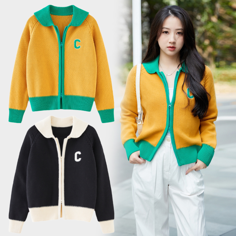 纯棉拉链翻领外穿拼色针织毛衣