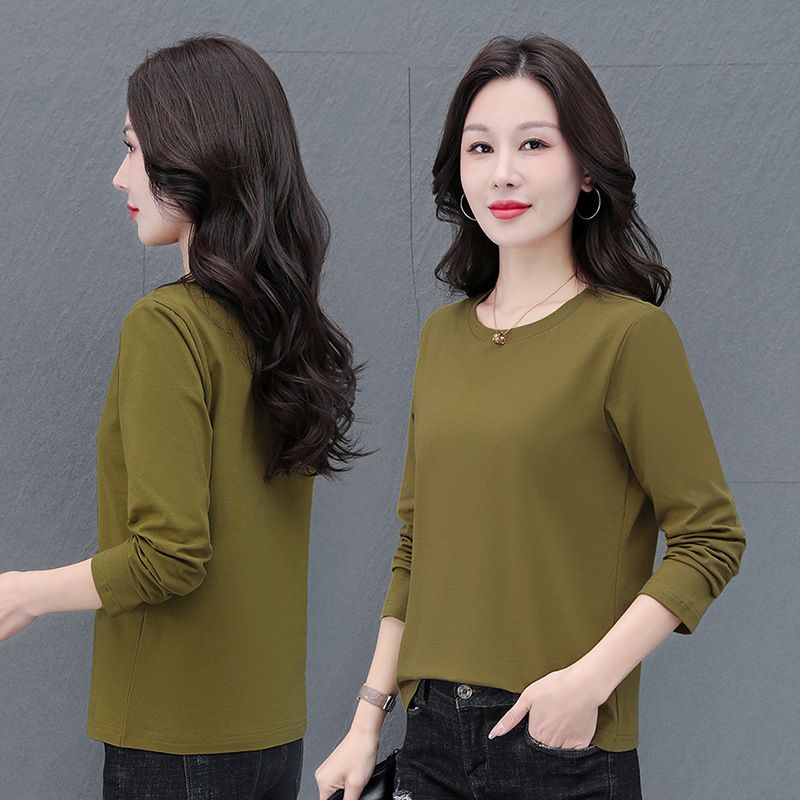 纯棉弹力长袖圆领套头T恤女春秋纯色公版中年妈妈宽松遮肉打底衫