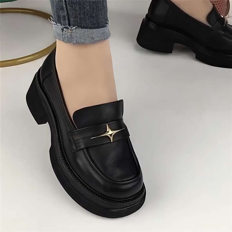 真软皮厚底乐福鞋女2025春季百搭单鞋粗跟一脚蹬舒适套脚小皮鞋女