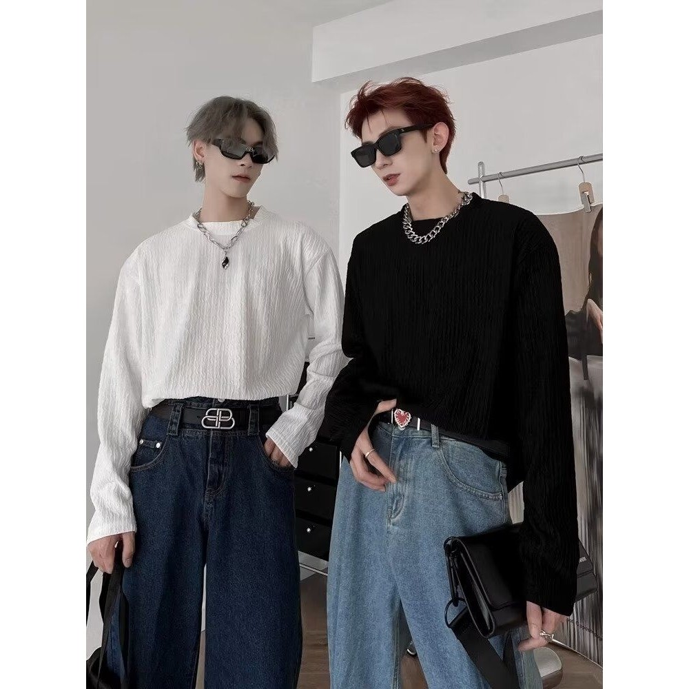 感长袖T恤男士打底衫春秋发型师男装内搭垂感宽松冰丝男,女装/女士精品,T恤,淘宝优惠券,粉丝福利购,淘宝优惠卷