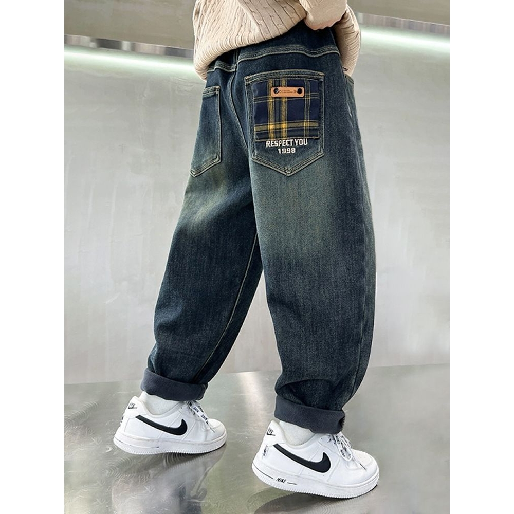 童装男童牛仔裤秋冬长裤中大童儿童韩版运动裤休闲阔腿裤加绒裤子