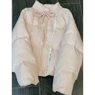 蕾丝拼接棉服外套女2025年新款冬季韩系感粉色蝴蝶结系带棉衣