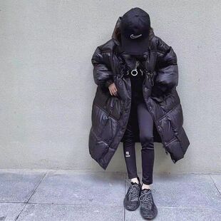 女童长款过膝抽绳棉服2025冬装新款大童时髦加厚保暖连帽棉衣外套