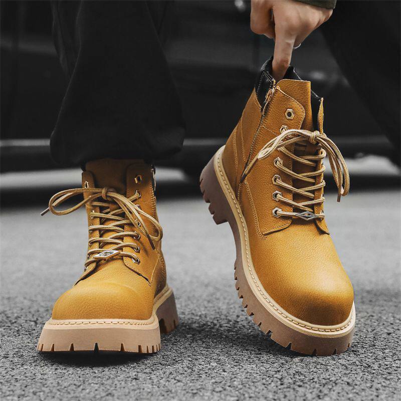 男英伦风机车工装靴厚底拉链户外登山大黄靴秋冬季新款马丁靴