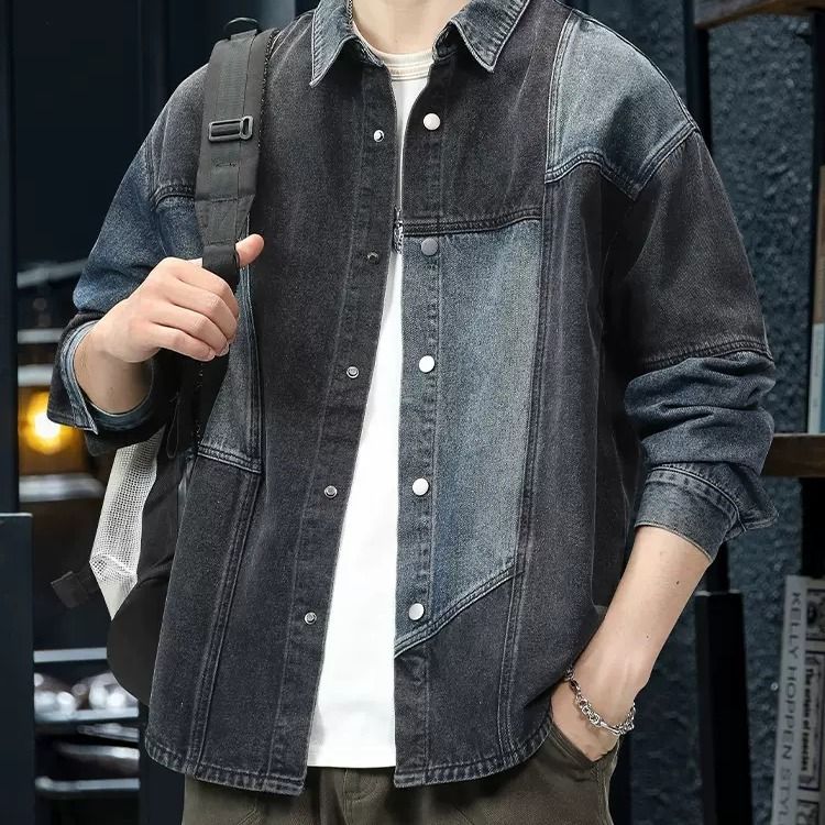 设计感牛仔衬衫男年秋季新款美式百搭上衣欧美风水洗复古夹克