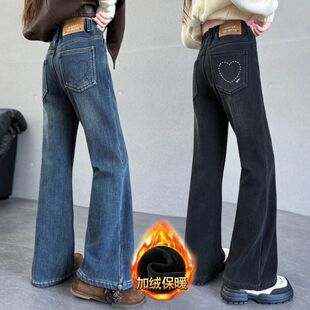 女童加绒牛仔裤秋冬女大童冬季加厚裤子儿童装女孩韩系穿搭喇叭裤