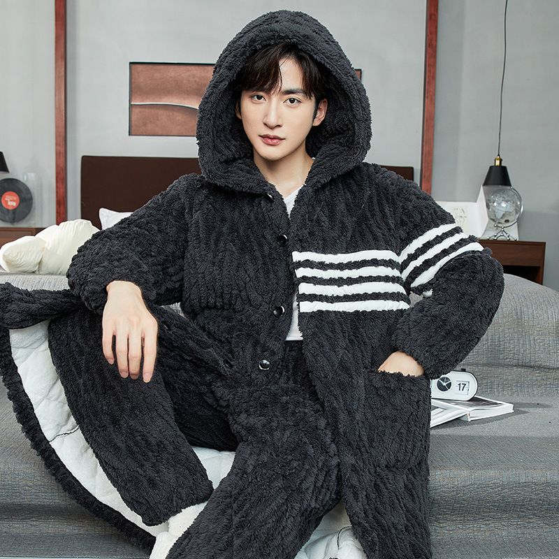 睡衣男冬季加厚加绒保暖珊瑚绒三层夹棉冬天简约可外穿家居服套装