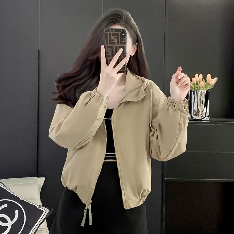 年美式户外连帽冲锋衣夹克外套女休闲纯色双头拉链春秋款上衣