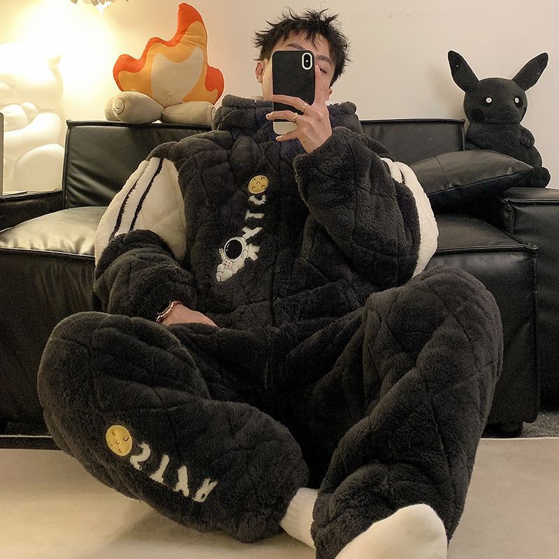 睡衣男珊瑚绒冬季三层夹棉袄秋冬款保暖加厚加绒法兰绒连帽家居服