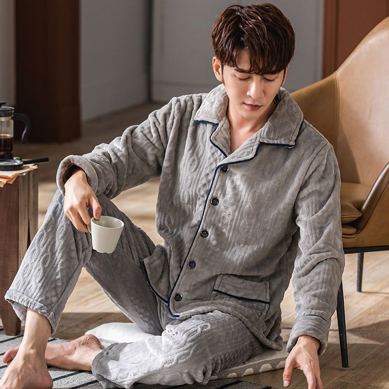 男士睡衣男冬季加绒加厚珊瑚绒秋冬新款法兰绒简约大码家居服