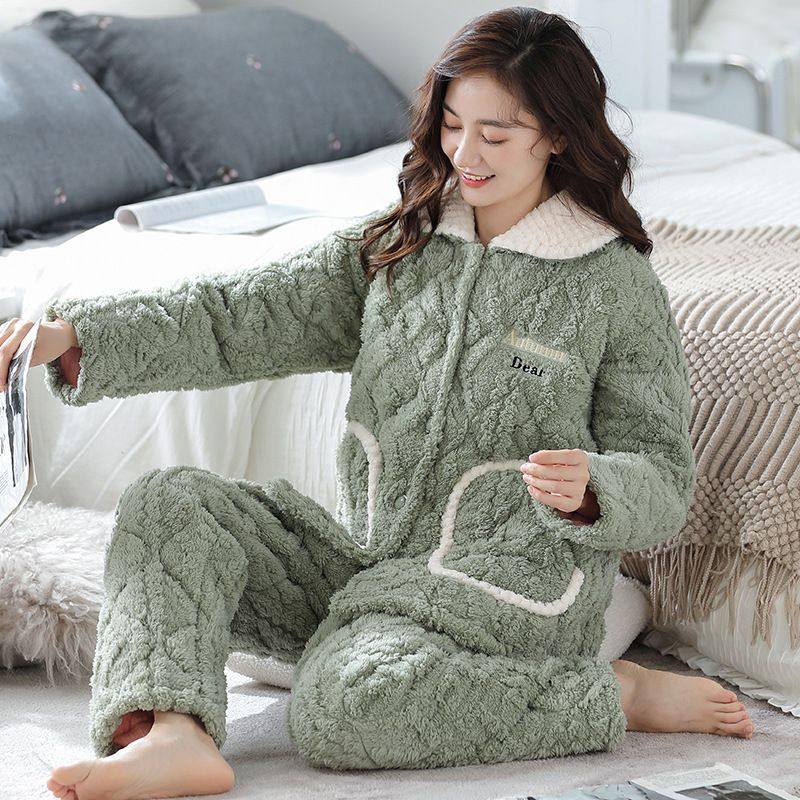 珊瑚绒睡衣女冬天三层夹棉加厚加绒法兰绒保暖中年妈妈家居服套装