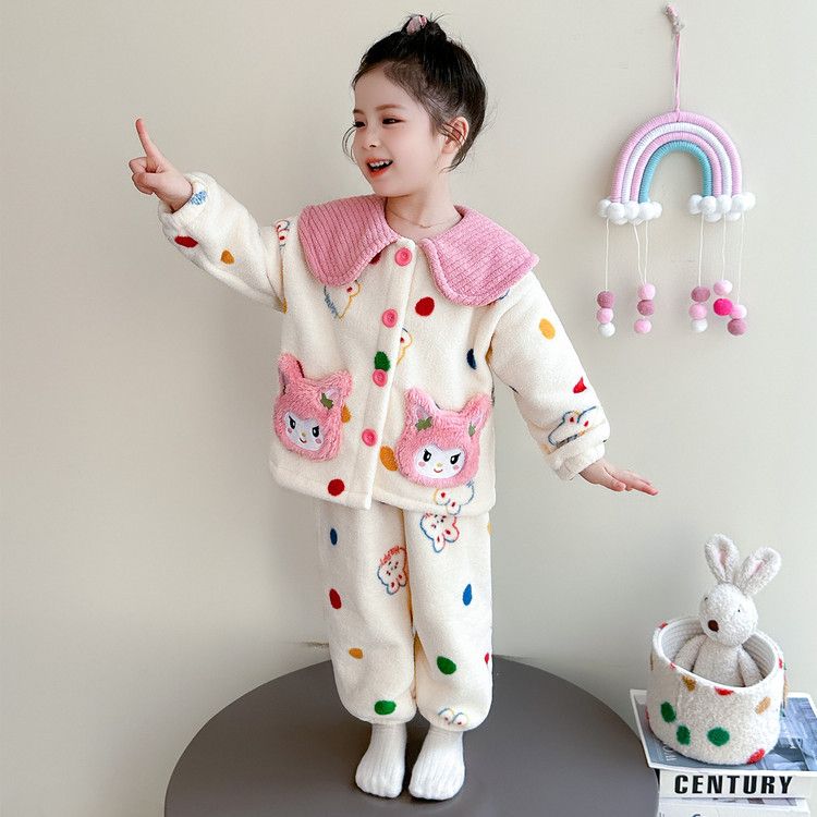 秋冬女童睡衣儿童女孩家居服加绒加厚套装可爱保暖外穿套装学生