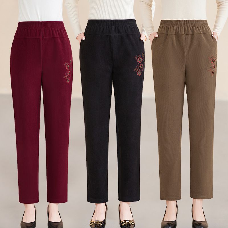 妈妈裤子春秋灯芯绒长裤秋冬季加绒加厚中老年女士松紧高腰条绒裤