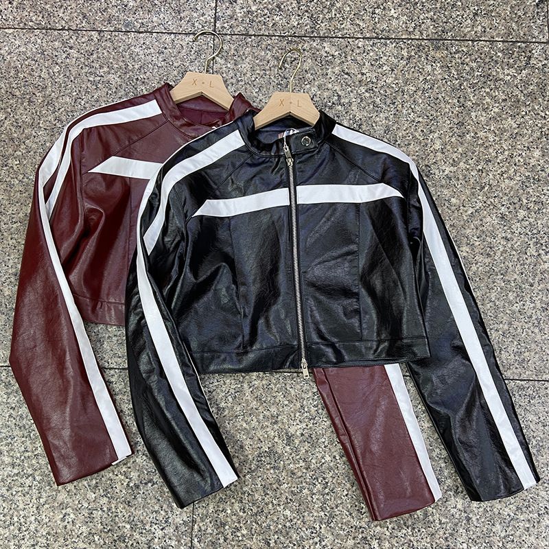 美式甜酷皮衣短外套女秋冬高级感短款机车服撞色拼接赛车夹克上衣