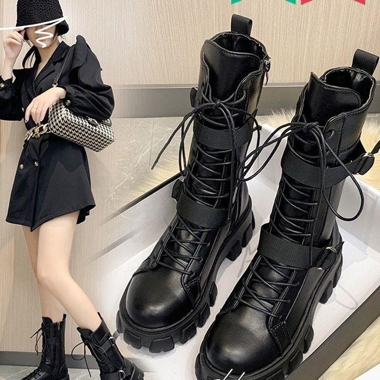 厚底机车骑士中筒靴子大码增高鞋COS万用马丁靴女英伦风新款