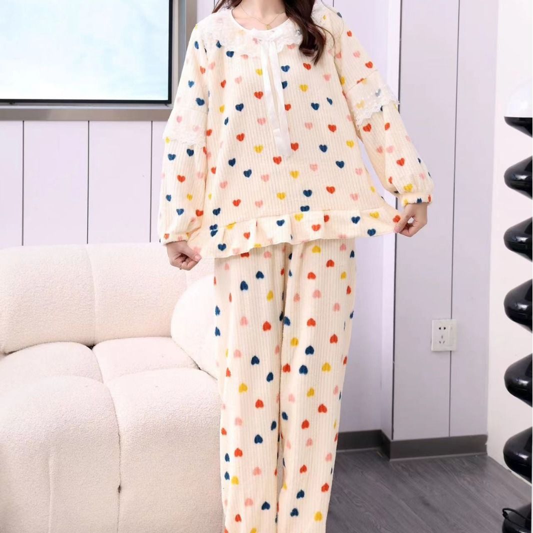 珊瑚绒睡衣加绒加厚印花套装女秋冬季年新款水墨蓝家居服保暖