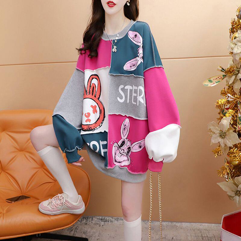 胖mm大码拼色薄款卫衣女春秋新款韩版宽松中长款小众拼接上衣