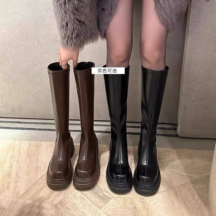 2025秋季新款显瘦高筒弹力瘦瘦靴女松糕粗跟厚底复古高跟时装靴,女鞋,骑士靴,淘宝优惠券,粉丝福利购,淘宝优惠卷