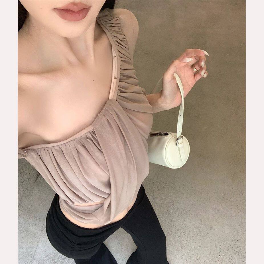 不规则性感斜肩长袖T恤女夏季2025新款褶皱修身辣妹显瘦短款上衣