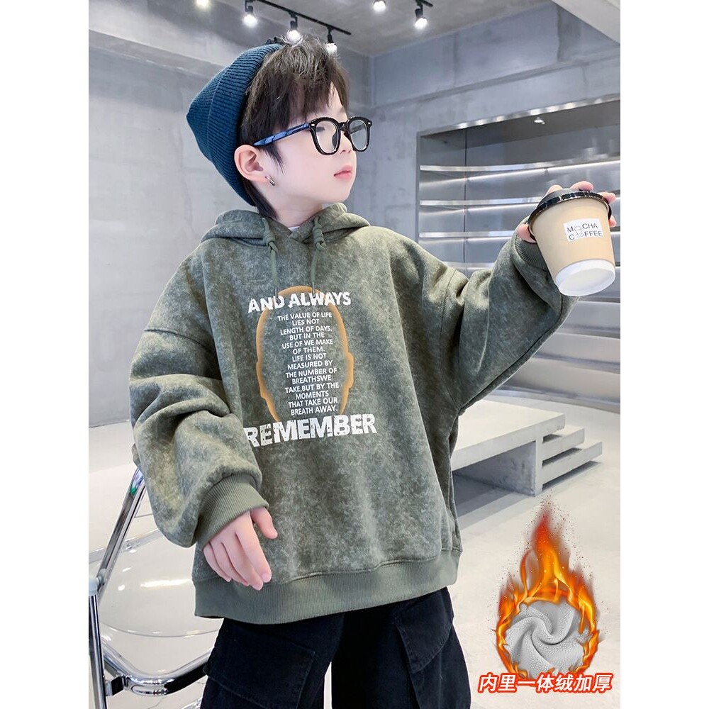 男童加绒卫衣秋冬款加厚打底衫儿童男孩冬季一体绒潮帅气连帽上衣