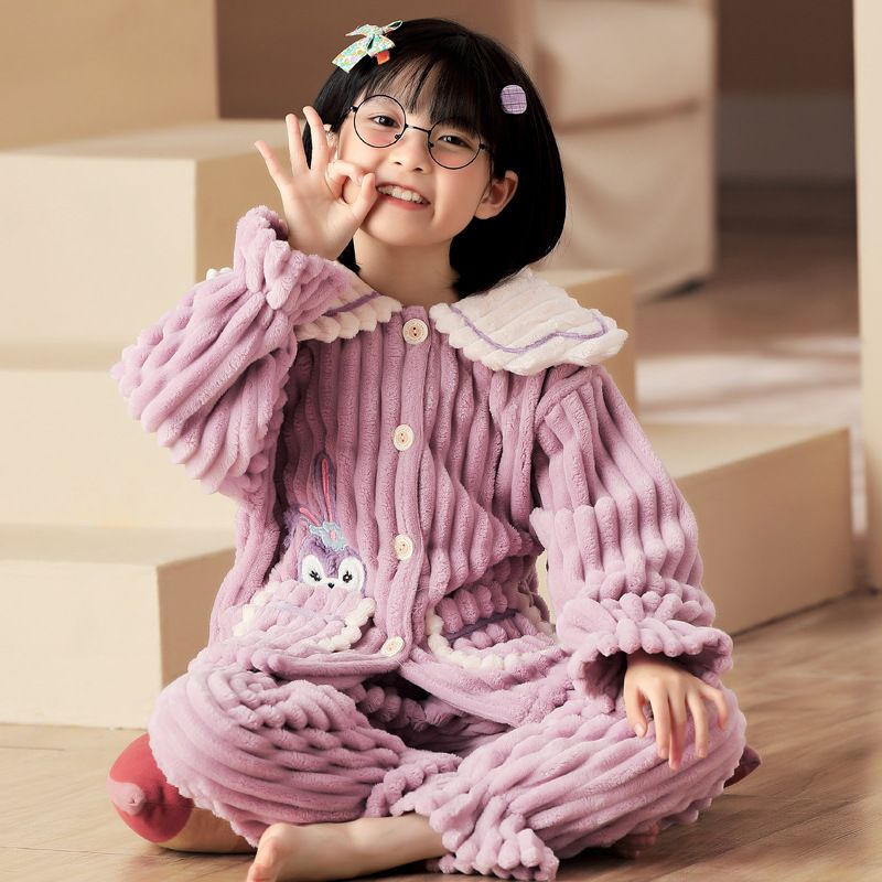 儿童睡衣女加厚加绒法兰绒女童宝宝睡衣珊瑚绒家居服套装长袖秋冬