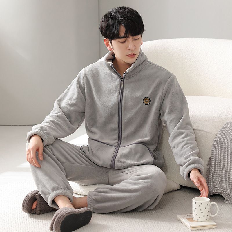法兰绒睡衣男秋冬季长袖立领酒店风加大码保暖加厚加绒珊瑚绒睡衣