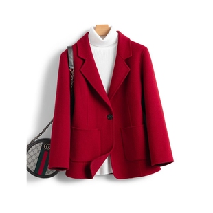 气质双面呢100%羊毛西装修身秋冬女新款大衣短毛呢外套小个子显高