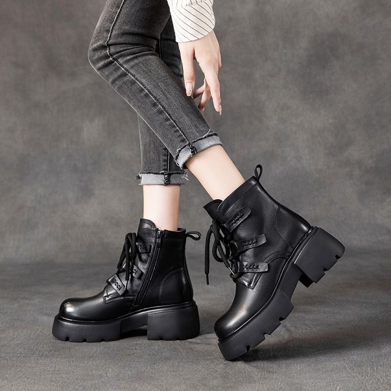 头层牛皮马丁靴女年秋冬季新款系带真皮厚底松糕皮靴女士短靴