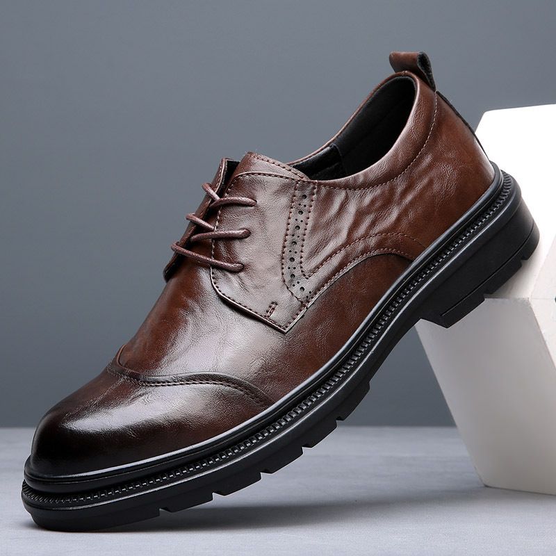 男士商务正装皮鞋英伦圆头德比鞋真皮休闲系带男鞋透气新郎婚鞋男