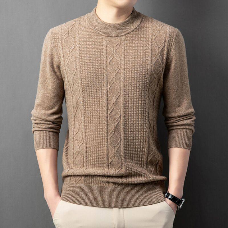 男士圆领条纹100%羊毛衫毛衣秋冬季男装休闲打底衫毛衣针织衫