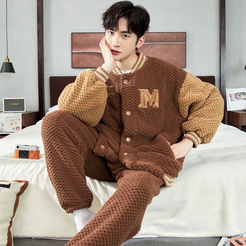 新款睡衣男秋冬季珊瑚绒长袖套装加厚加绒学生可外穿法兰绒家居服