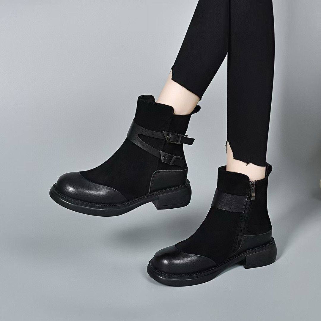 马丁靴女秋冬欧美皮靴皮带扣潮流帅气机车靴小众个性短靴棉靴