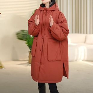 休闲时尚加厚保暖连帽棉衣女冬季新款大码妈妈宽松中长款棉服外套