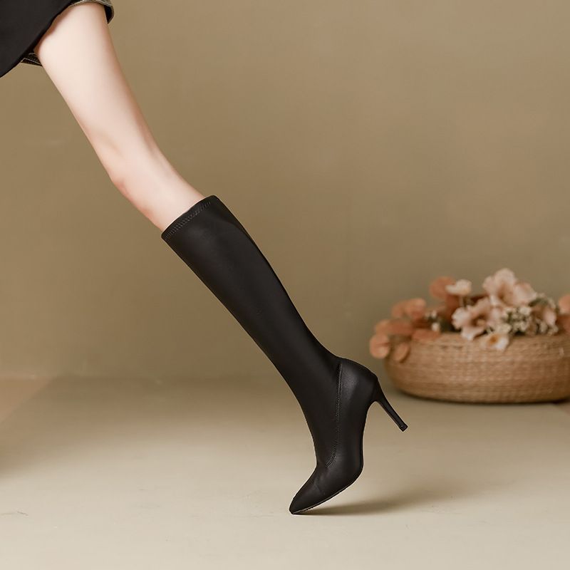 皮靴软皮高跟细跟女新款显瘦瘦靴尖头长筒靴弹力不过膝中高筒靴