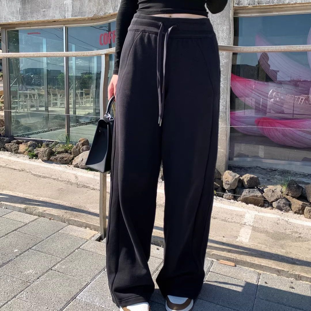 秋冬加厚慵懒卫裤女2025高腰显瘦垂感拖地阔腿裤松紧加绒直筒裤子