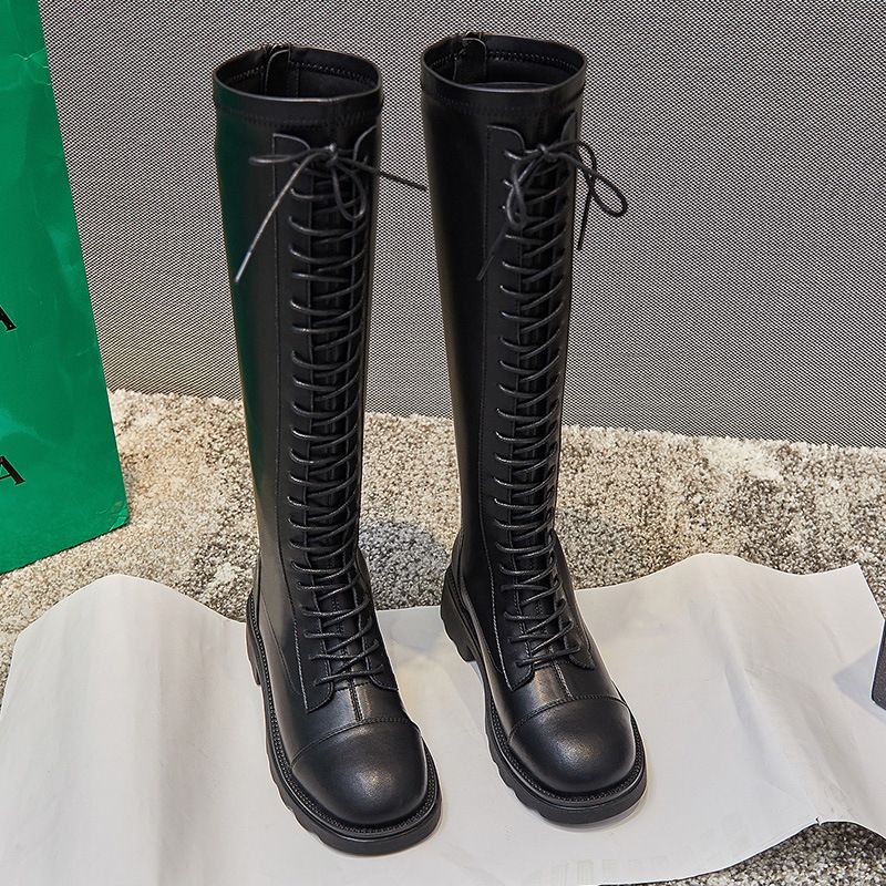 真皮长筒靴女2025秋冬新款靴子女加绒后拉链英伦女靴高筒骑士靴女