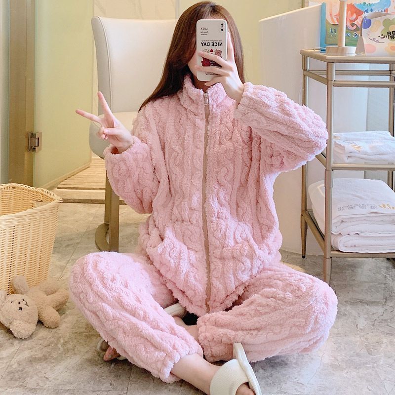高领拉链休闲睡衣女秋冬季加厚加绒珊瑚绒法兰绒家居服套装可外穿