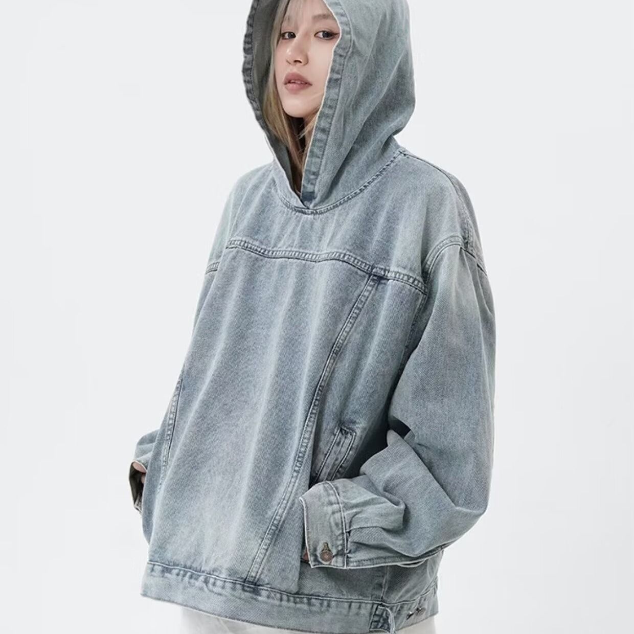 做旧水洗连帽牛仔卫衣女秋季美式复古街头风宽松情侣外套夹克