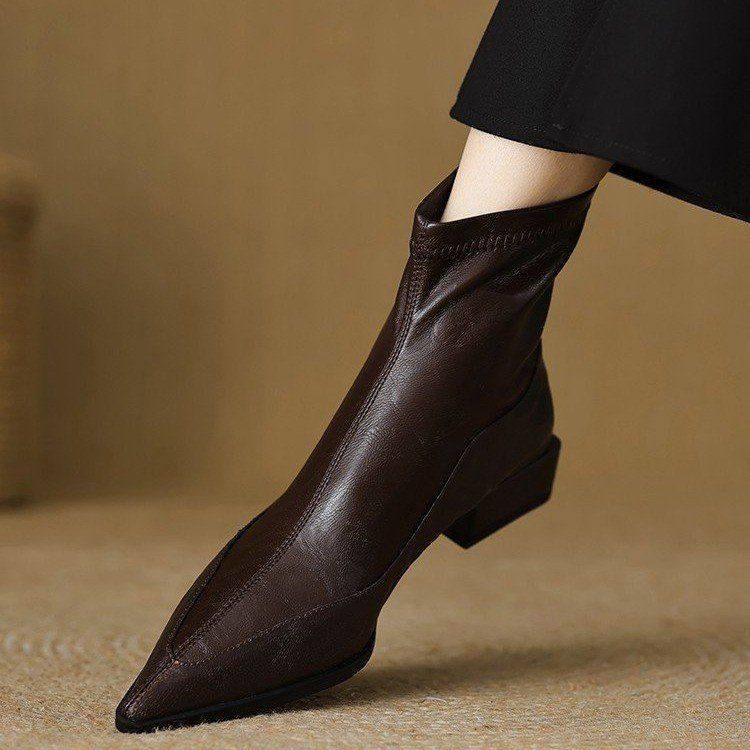 法式尖头弹力瘦瘦靴低跟2025秋冬新款粗跟短靴女复古棕色切尔西靴,女鞋,切尔西靴,淘宝优惠券,粉丝福利购,淘宝优惠卷