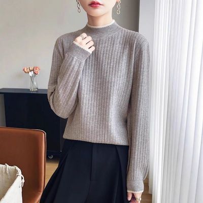 半高领毛衣女打底衫修身上衣秋冬新款套头宽松针织衫女花边拼色