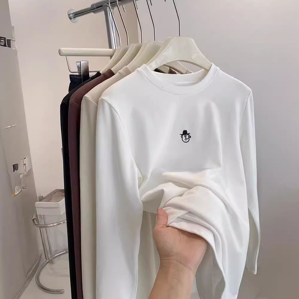 简约德绒磨毛刺绣圆领显瘦T恤女超软糯百搭套头宽松长袖打底衫潮