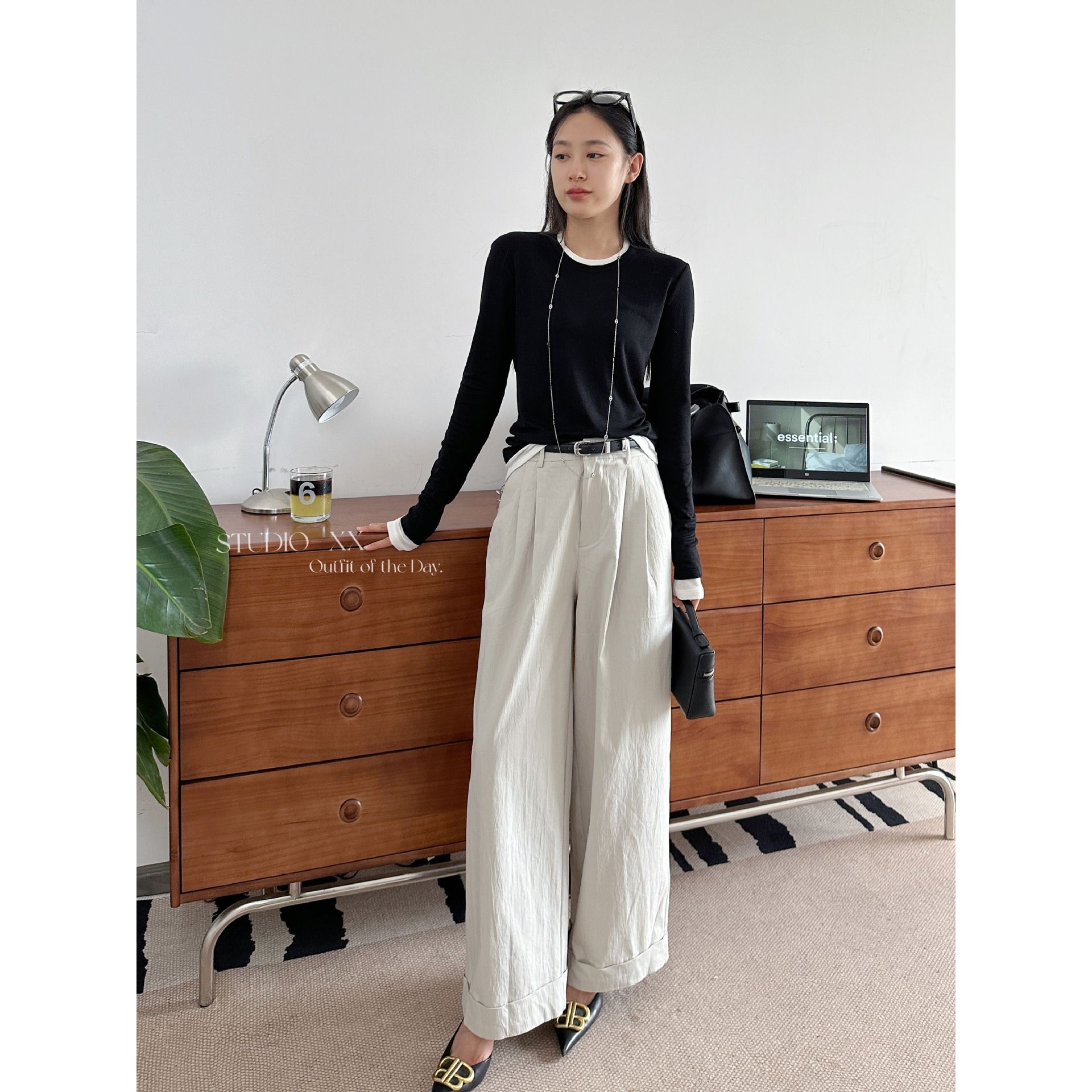 日系杂志风！重工水洗压绉纹理高腰直筒显瘦阔腿休闲翻边西装裤女