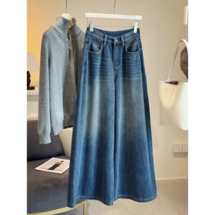 加绒加厚高腰阔腿牛仔裤女冬季2025年新款复古百搭宽松垂感拖地裤