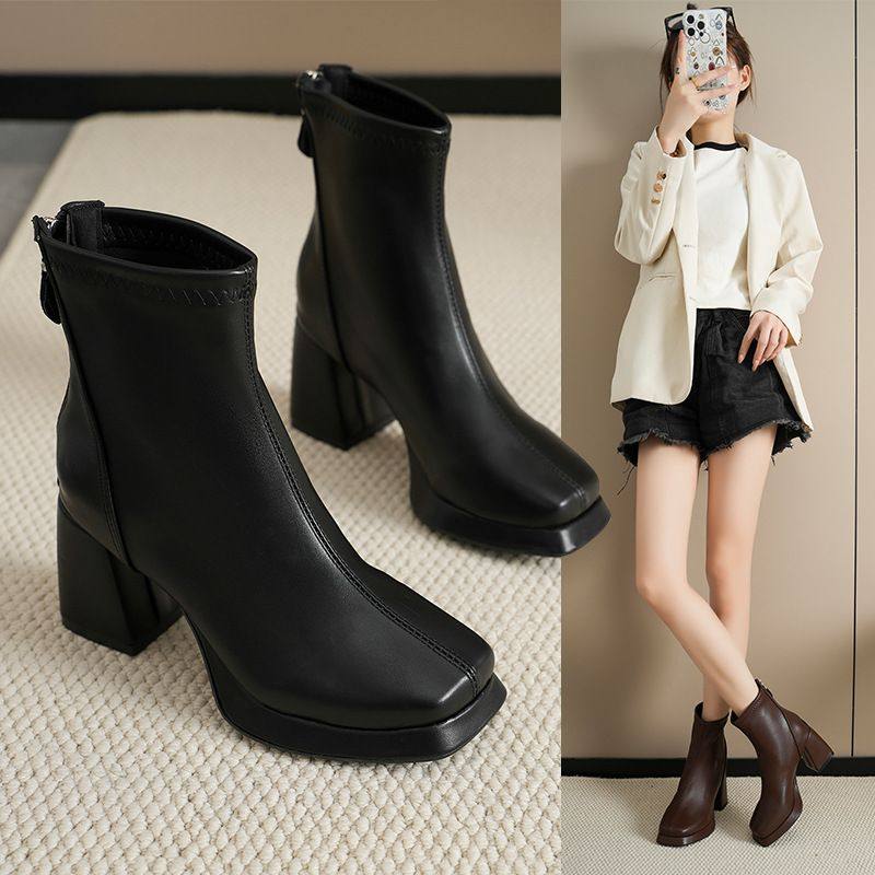 2025秋冬新款法式复古高跟优雅女短靴时尚粗跟后拉链方头女时装靴,女鞋,时装靴,淘宝优惠券,粉丝福利购,淘宝优惠卷
