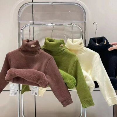 儿童毛衣加绒男童女童一体绒毛衣加厚高领新款洋气百搭针织毛衣