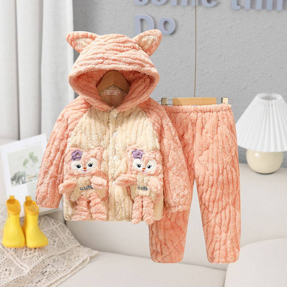 冬季儿童夹棉法兰绒保暖睡衣套装家居服加绒加厚棉服外套女童宝宝