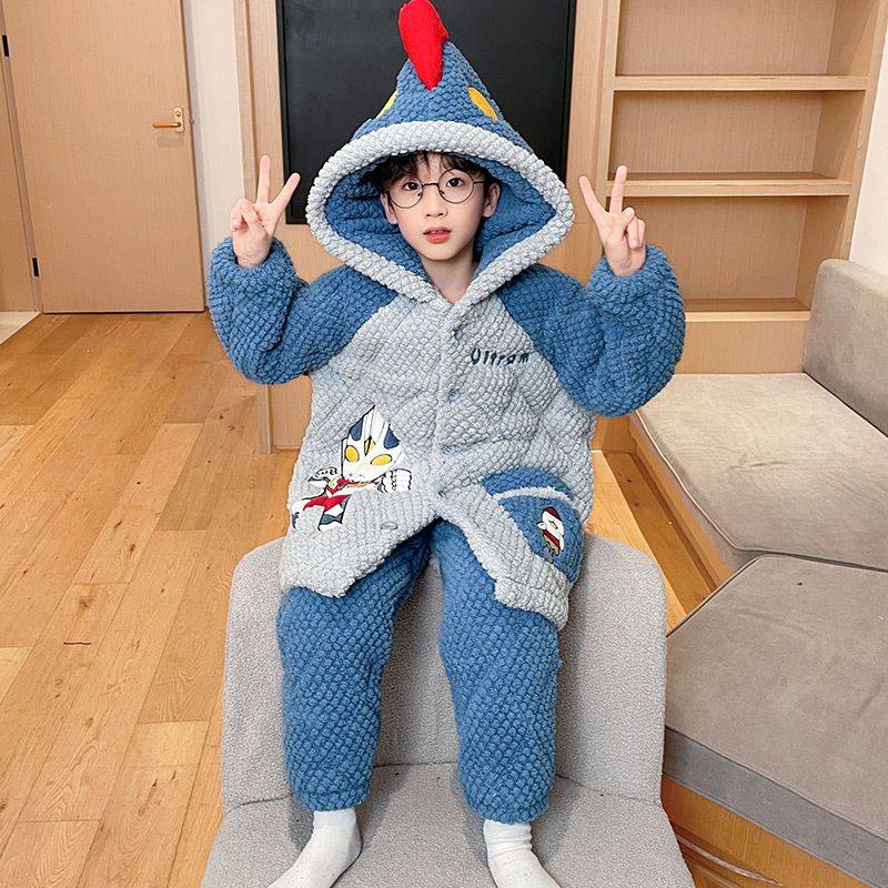 儿童家居睡衣冬款男童加厚加绒夹棉冬季大童小孩套装三层男孩睡袍