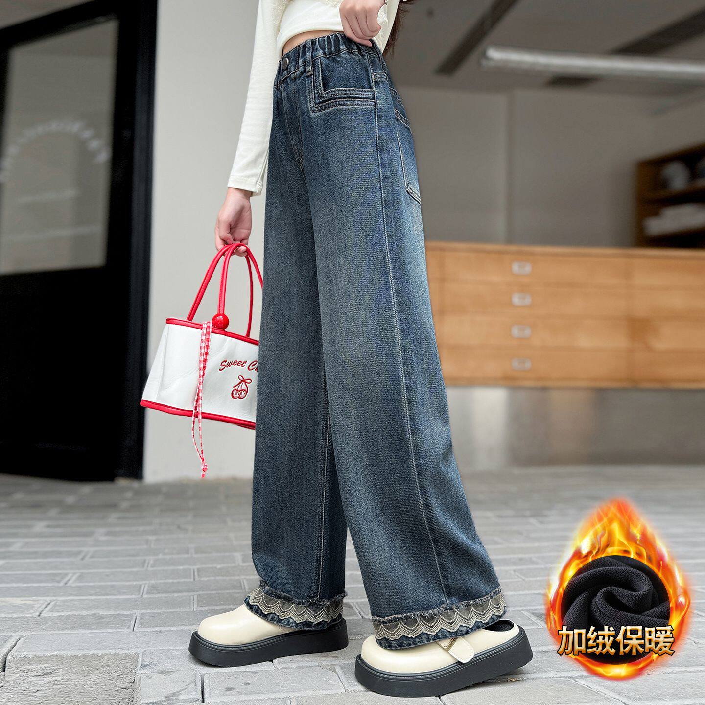 女童洋气牛仔裤2025秋冬新款大童韩版休闲加绒加厚宽松阔腿裤长裤