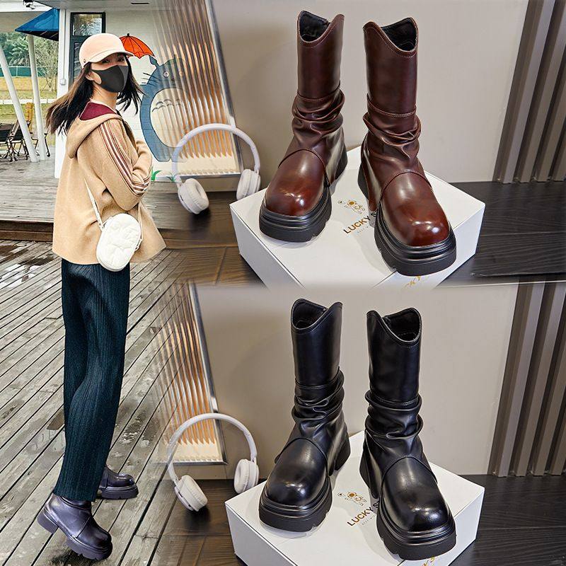大头复古马丁靴女2026春季新款女式褶皱中筒靴休闲百搭粗跟女靴潮,女鞋,时装靴,淘宝优惠券,粉丝福利购,淘宝优惠卷