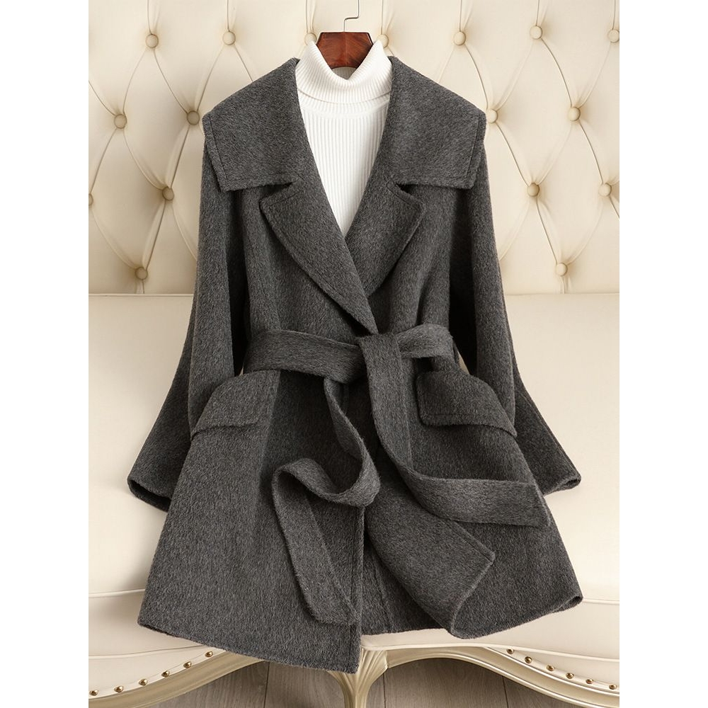 双面绒羊毛大衣女短款2025秋冬新款系带翻领显瘦羊毛呢子外套